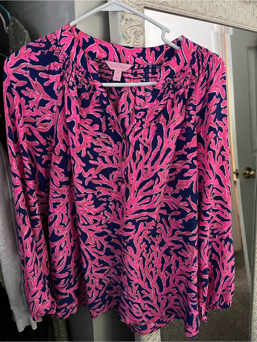 Wavy Coral Print Blouse - Pink & Navy